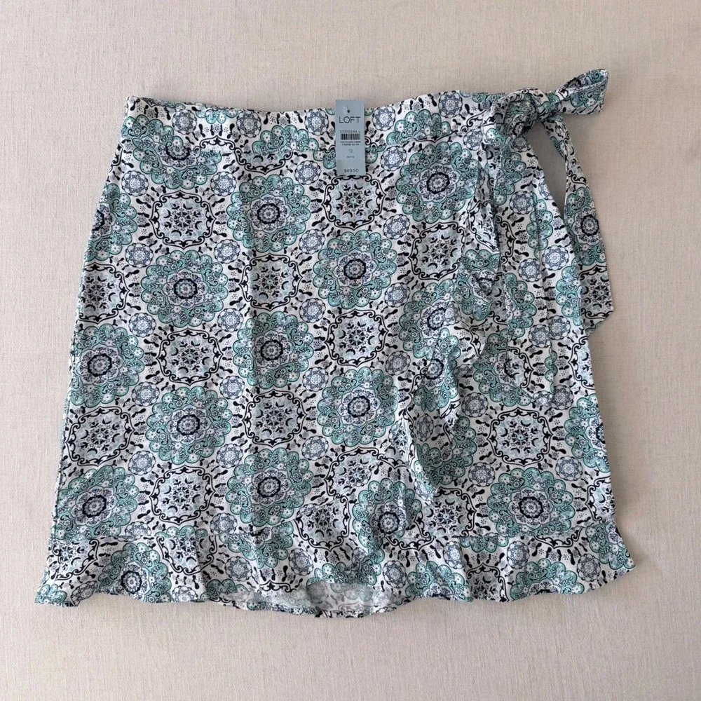 LOFT‎ Petite Linen Blend Boho Wrap Skirt 12P Blue Medallion Print NWT Summer